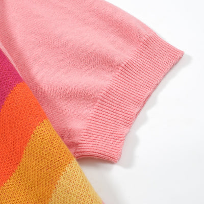 OXKNIT Women Vintage Clothing 1970s Mod Style Casual Rainbow Striped Wear Knitted Short Sleeves Knitwear Tshirt