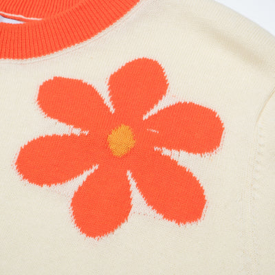 OXKNIT Women Vintage Clothing 1970s Mod Style Casual Red Flowers Short Sleeves Knitwear Retro Tshirt