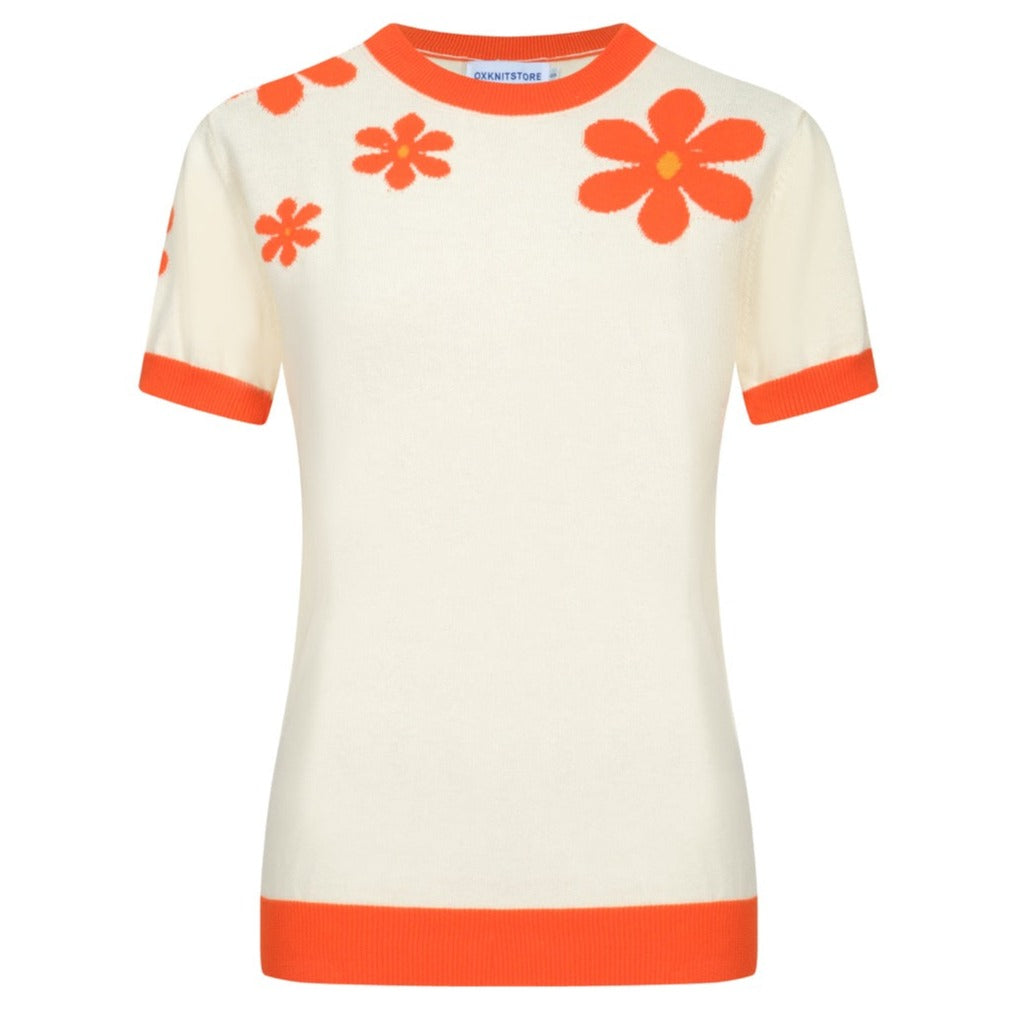 OXKNIT Women Vintage Clothing 1970s Mod Style Casual Red Flowers Short Sleeves Knitwear Retro Tshirt