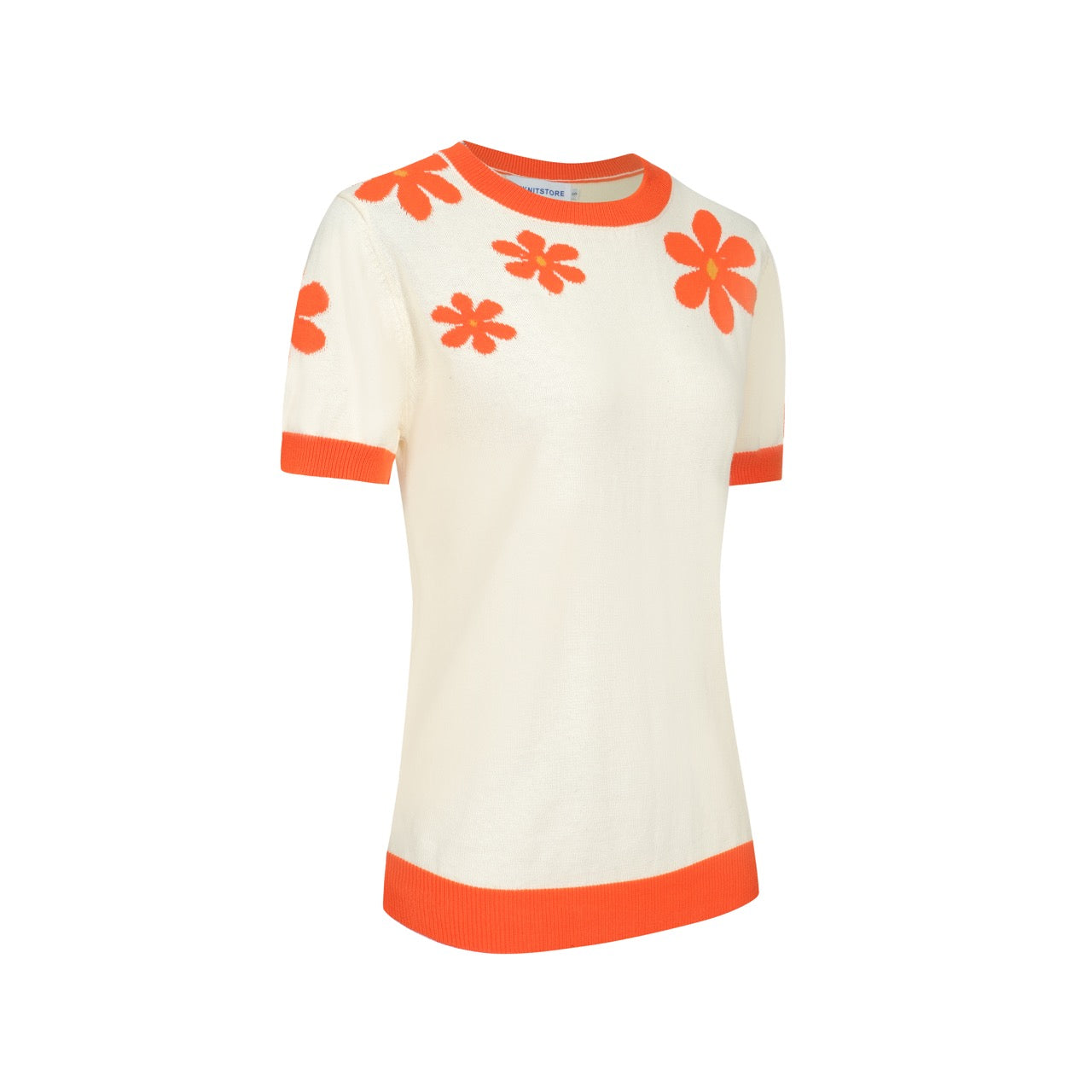 OXKNIT Women Vintage Clothing 1970s Mod Style Casual Red Flowers Short Sleeves Knitwear Retro Tshirt