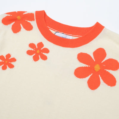 OXKNIT Women Vintage Clothing 1970s Mod Style Casual Red Flowers Short Sleeves Knitwear Retro Tshirt