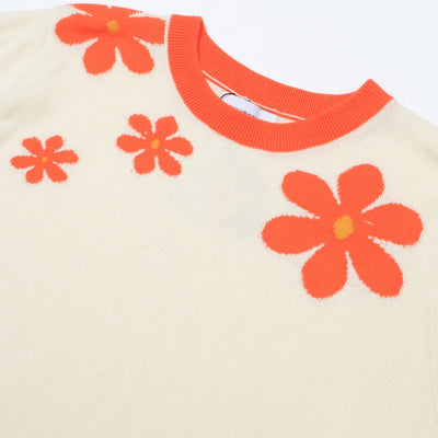 OXKNIT Women Vintage Clothing 1970s Mod Style Casual Red Flowers Short Sleeves Knitwear Retro Tshirt