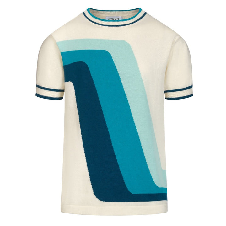 Men's Retro Blue-Green Geometric Crew Neck Knit T-Shirt