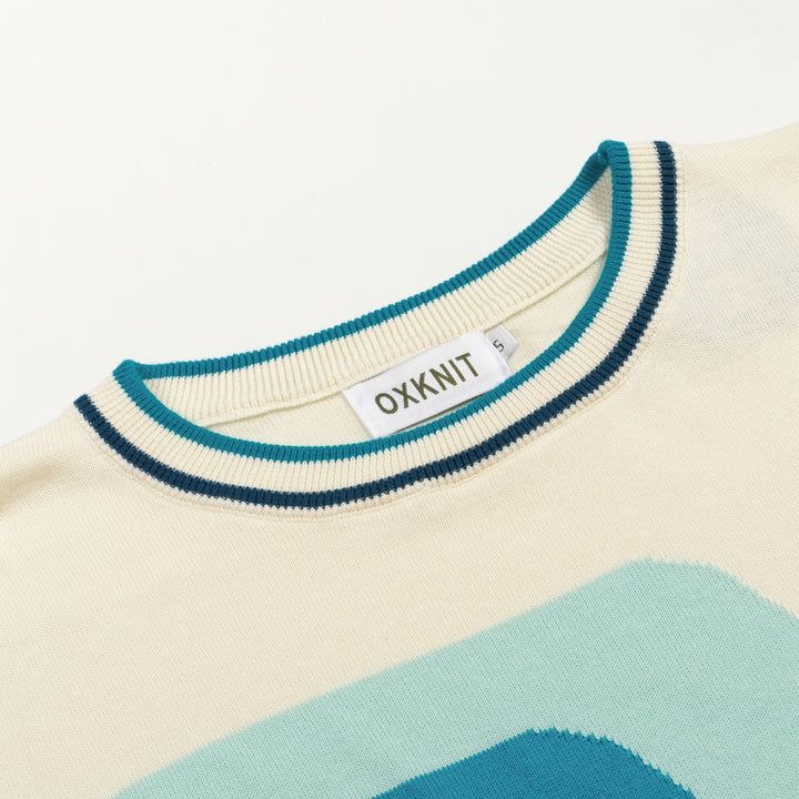 Men's Retro Blue-Green Geometric Crew Neck Knit T-Shirt