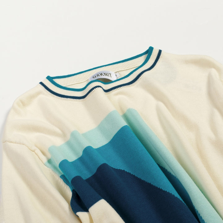 Men's Retro Blue-Green Geometric Crew Neck Knit T-Shirt