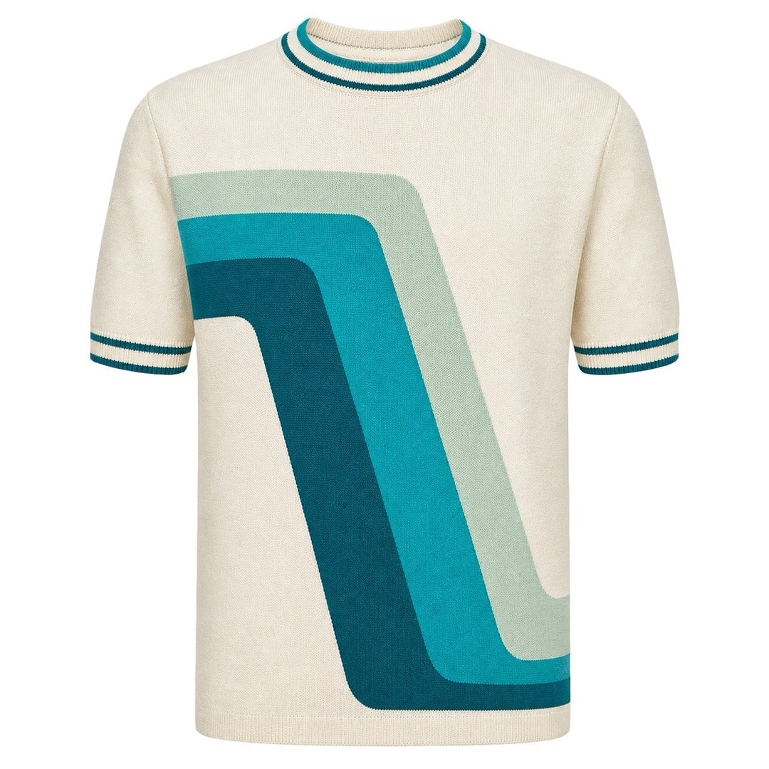 Heren Retro Blauw-Groen Geometrisch Gebreid T-shirt met Ronde Hals