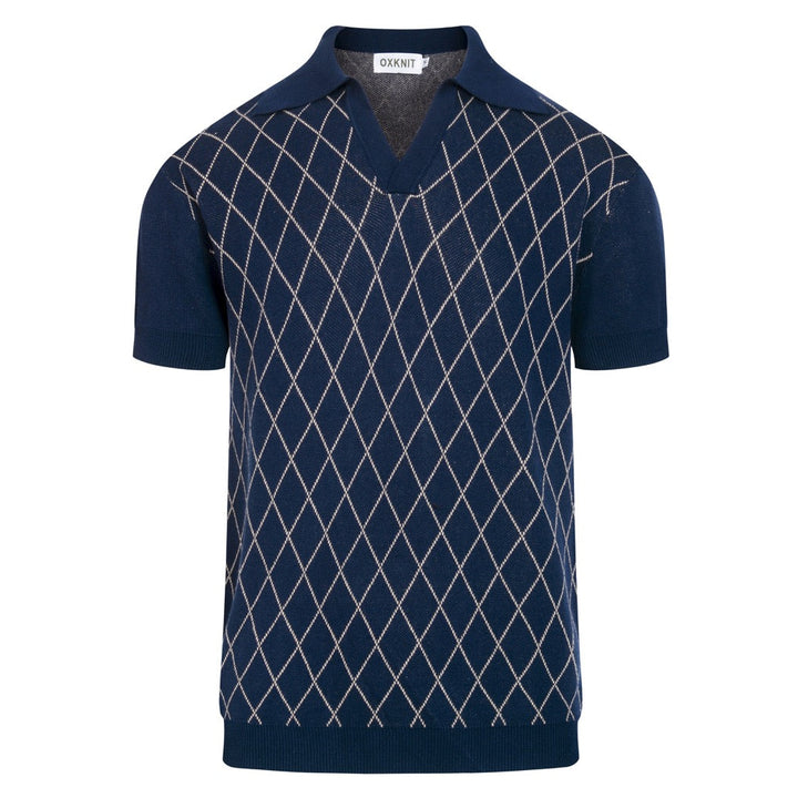 Mørkeblå Retro Klassisk Polo Strikskjorte med Diamantmønster til Mænd