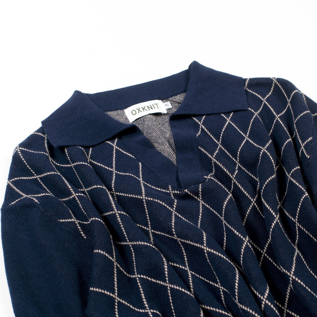 Mørkeblå Retro Klassisk Polo Strikskjorte med Diamantmønster til Mænd