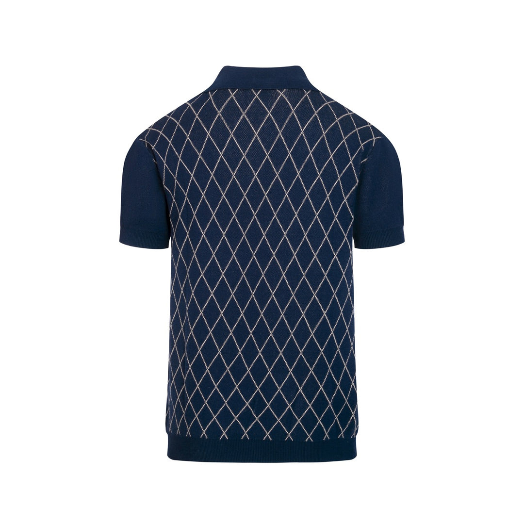 Mørkeblå Retro Klassisk Polo Strikskjorte med Diamantmønster til Mænd