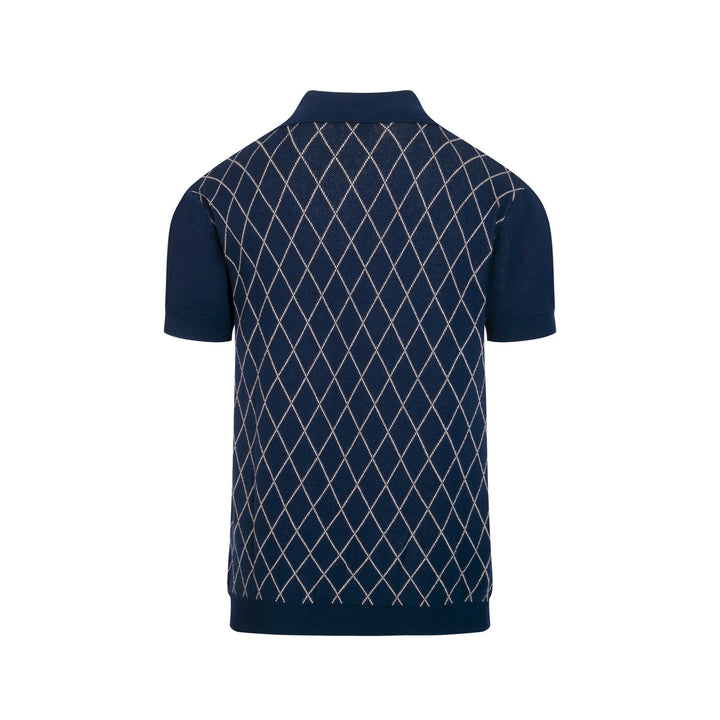 Mørkeblå Retro Klassisk Polo Strikskjorte med Diamantmønster til Mænd