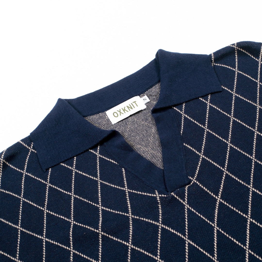 Mørkeblå Retro Klassisk Polo Strikskjorte med Diamantmønster til Mænd