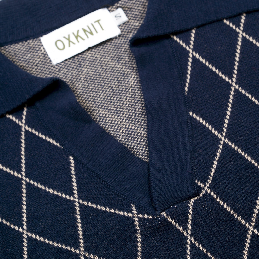 Mørkeblå Retro Klassisk Polo Strikskjorte med Diamantmønster til Mænd