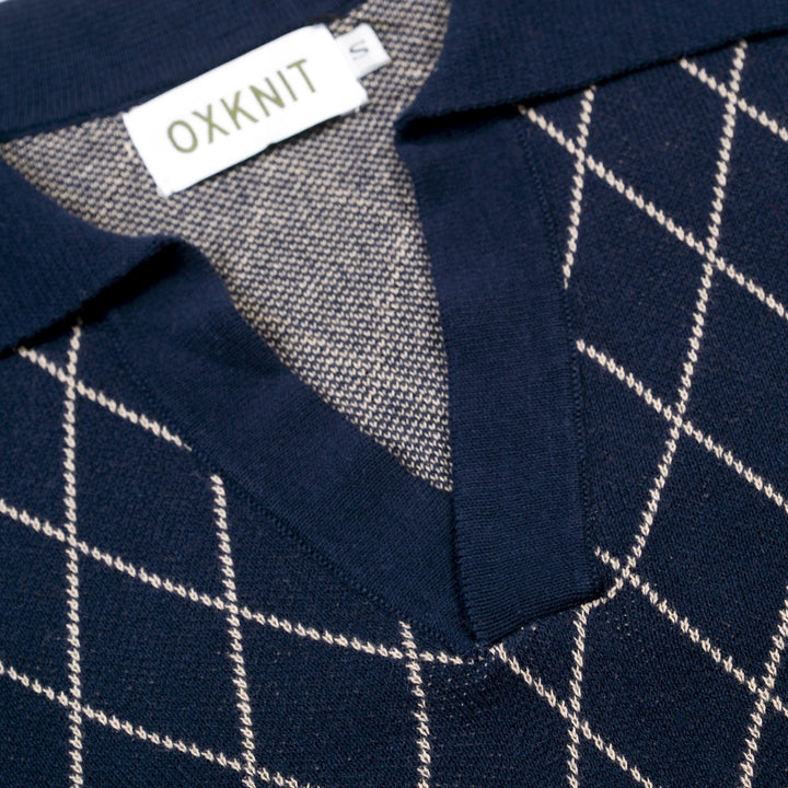 Mørkeblå Retro Klassisk Polo Strikskjorte med Diamantmønster til Mænd