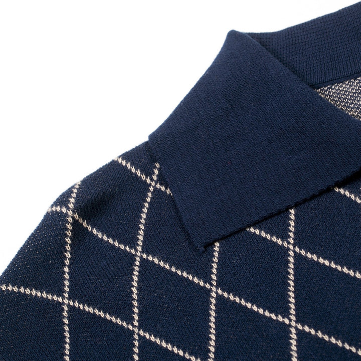 Mørkeblå Retro Klassisk Polo Strikskjorte med Diamantmønster til Mænd