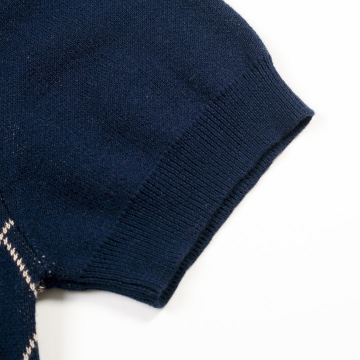 Mørkeblå Retro Klassisk Polo Strikskjorte med Diamantmønster til Mænd