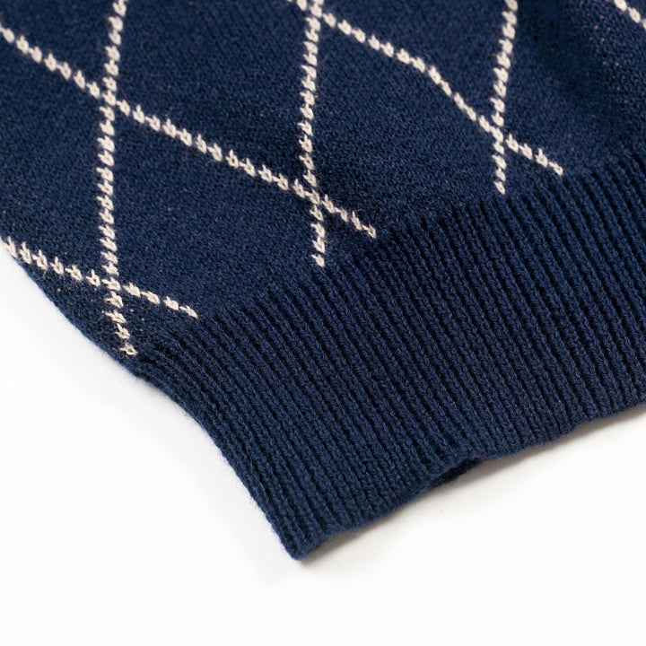 Mørkeblå Retro Klassisk Polo Strikskjorte med Diamantmønster til Mænd