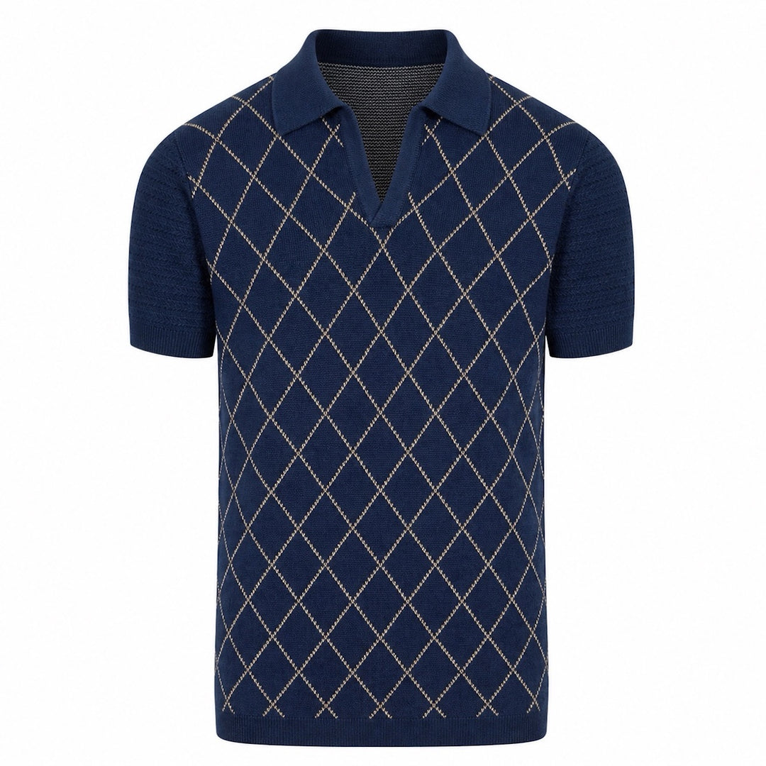 Donkerblauw Retro Klassiek Diamantpatroon Polo Gebreid Shirt voor Heren