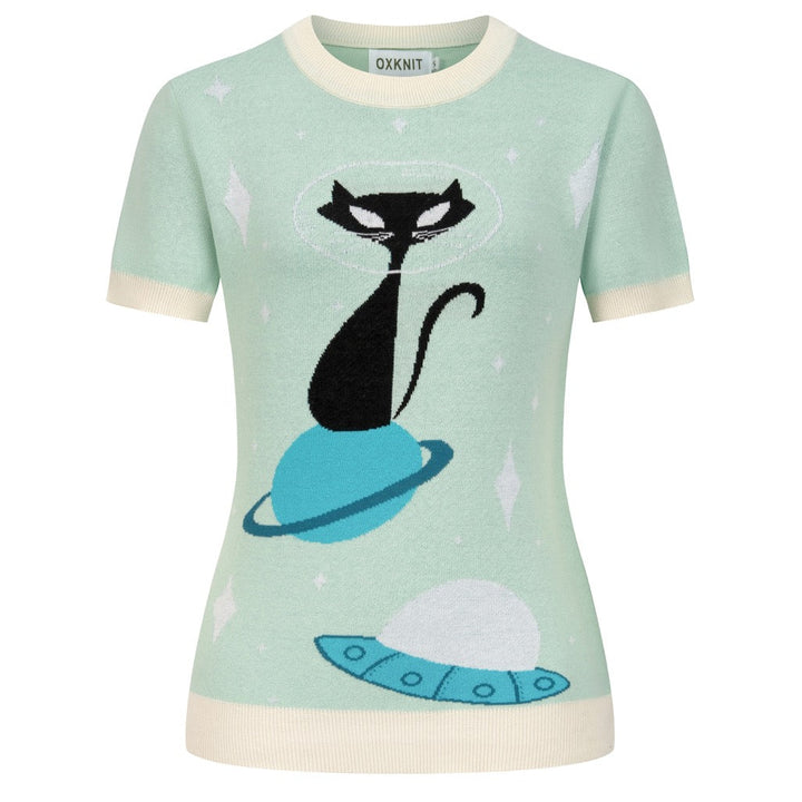 Women's Green Space Age Retro Jacquard Knit T-Shirt - Designed by Tala Hunt
