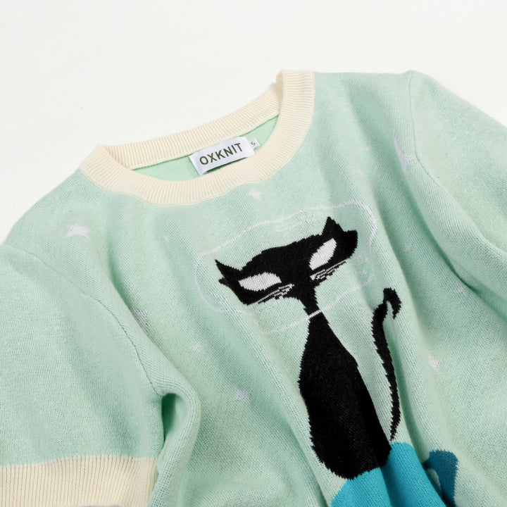 Women's Green Space Age Retro Jacquard Knit T-Shirt - Designed by Tala Hunt