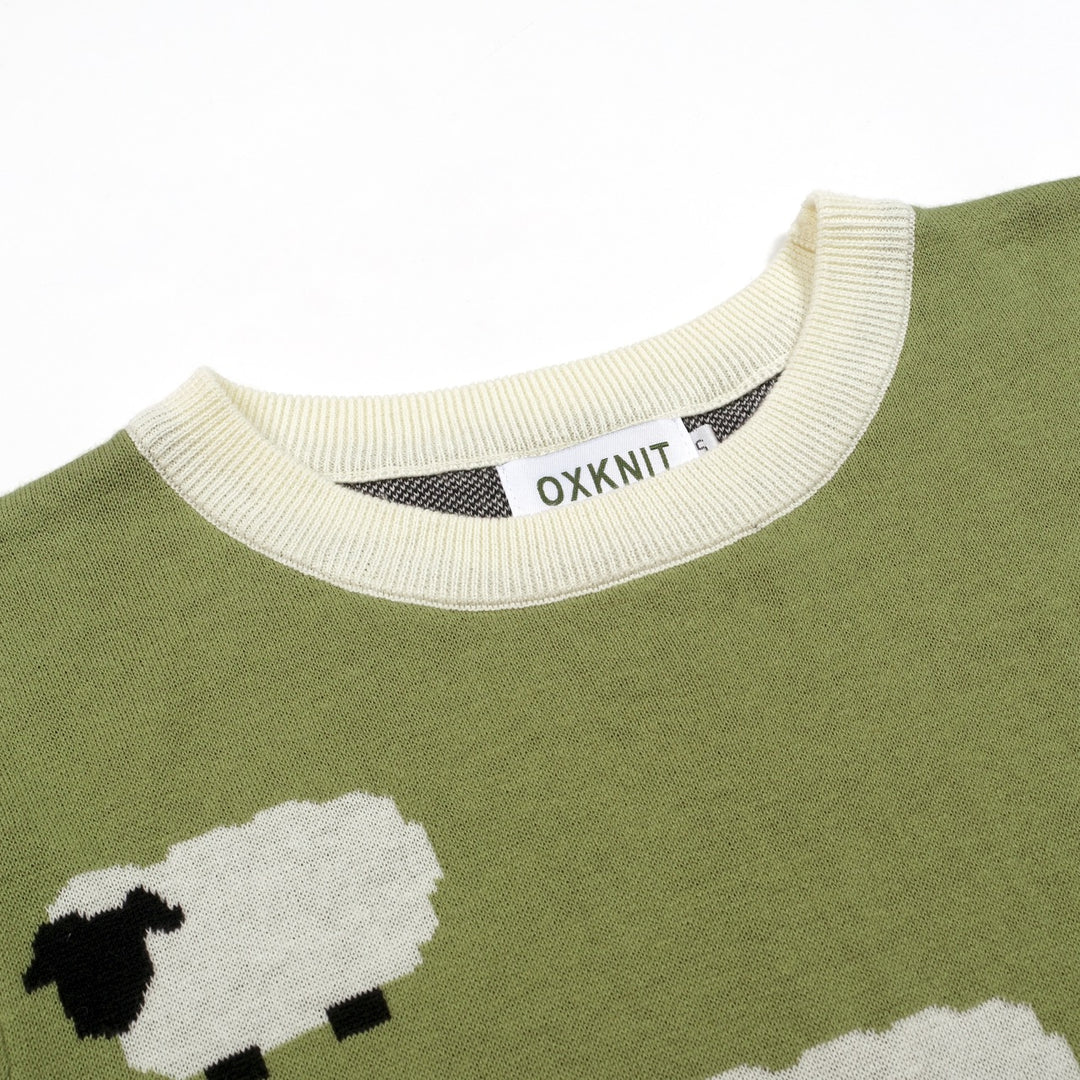 Women's green retro sheep and Border Collie illustration knit T-shirt