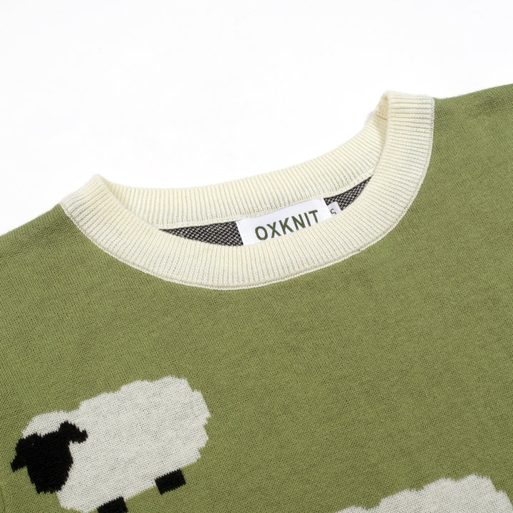 Women's green retro sheep and Border Collie illustration knit T-shirt