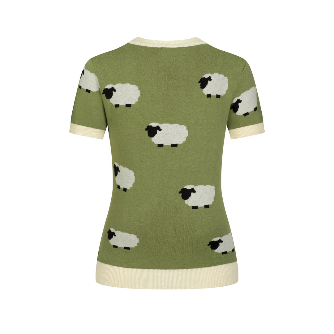 Women's green retro sheep and Border Collie illustration knit T-shirt