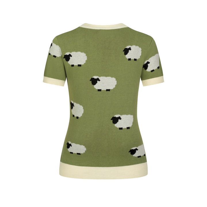 Women's green retro sheep and Border Collie illustration knit T-shirt