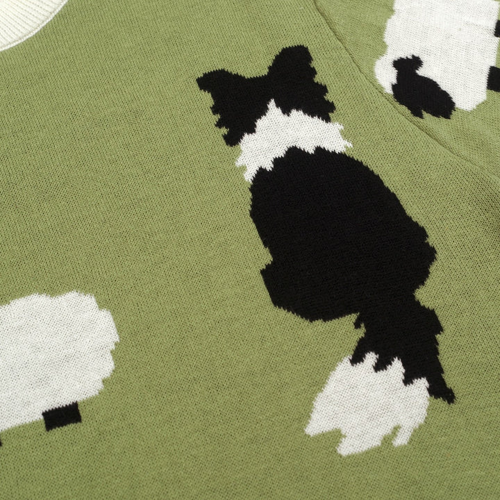Women's green retro sheep and Border Collie illustration knit T-shirt