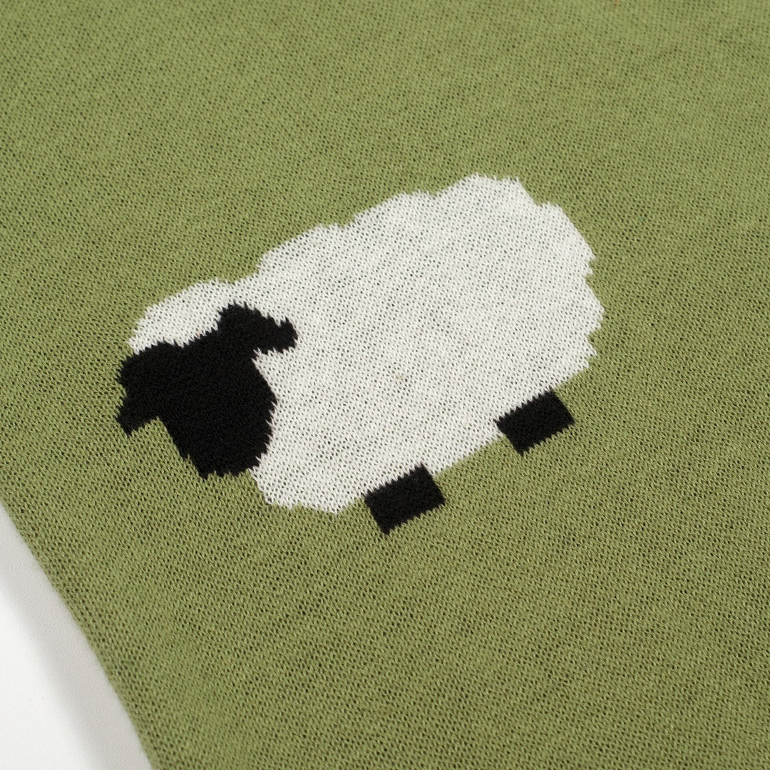 Women's green retro sheep and Border Collie illustration knit T-shirt