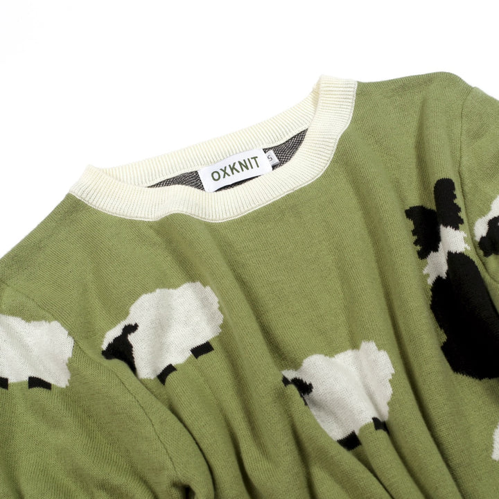Women's green retro sheep and Border Collie illustration knit T-shirt