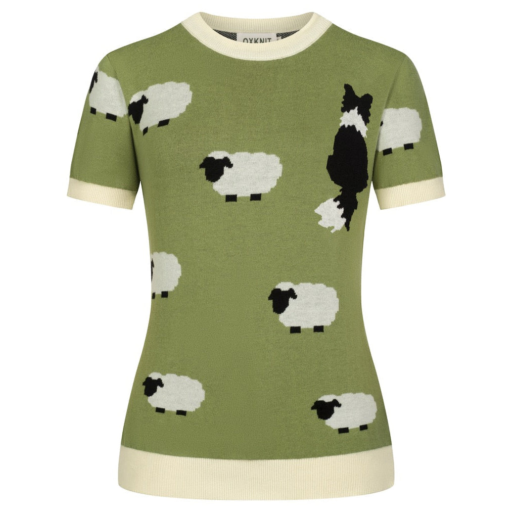 Women's green retro sheep and Border Collie illustration knit T-shirt