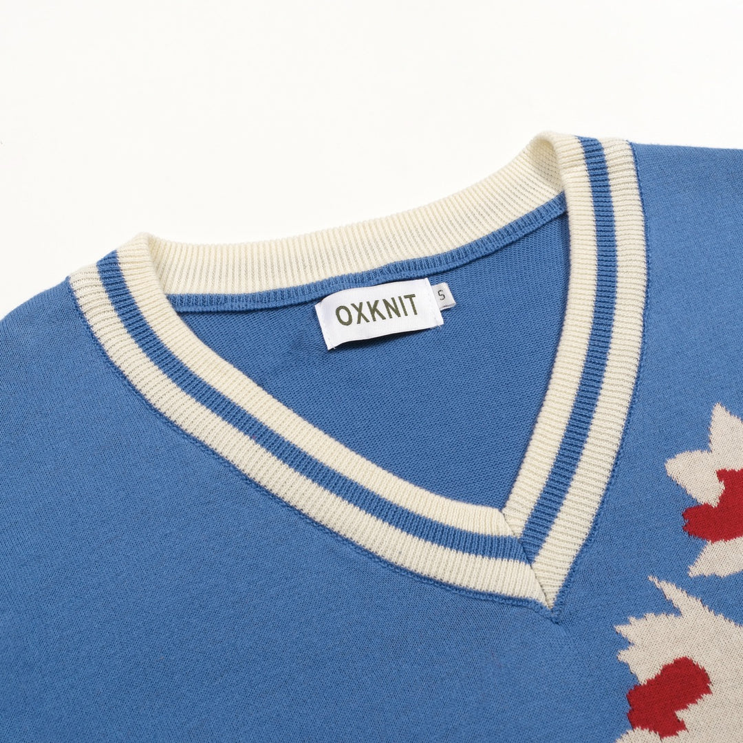 Women's Blue French Elegant Floral Jacquard Knit T-Shirt