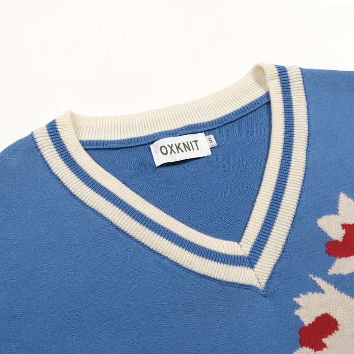 Women's Blue French Elegant Floral Jacquard Knit T-Shirt