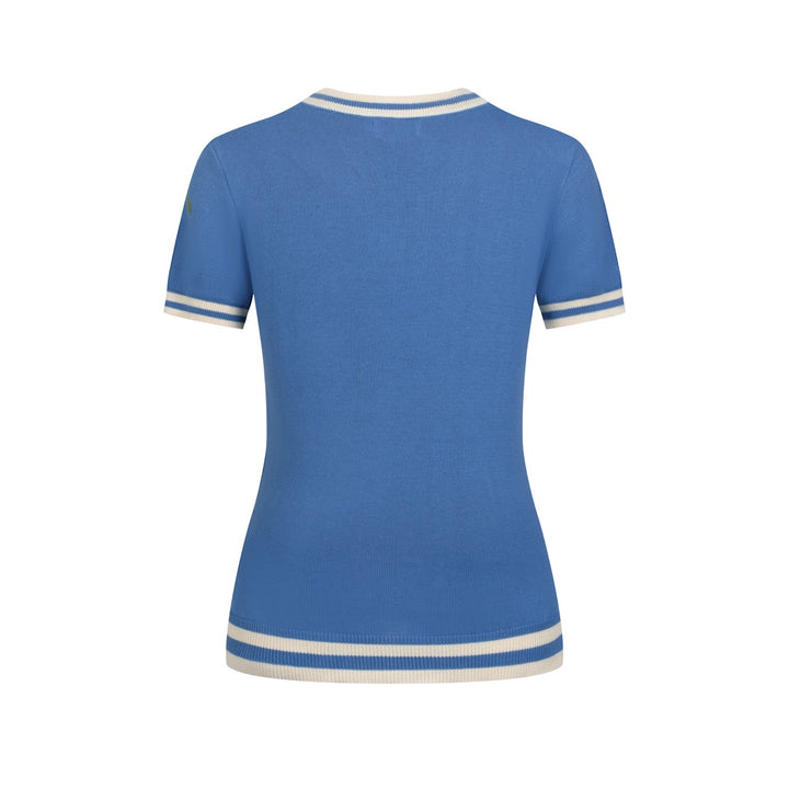 Women's Blue French Elegant Floral Jacquard Knit T-Shirt