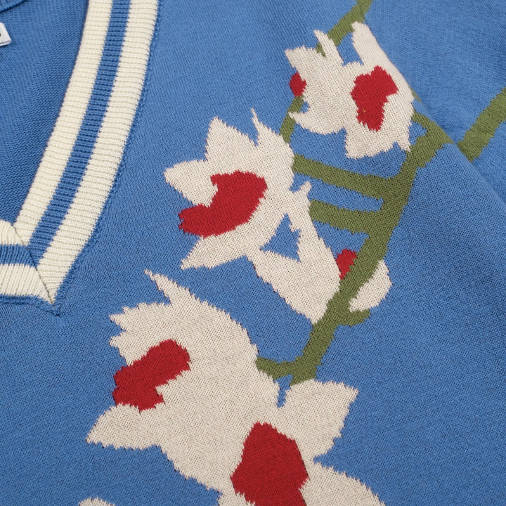 Women's Blue French Elegant Floral Jacquard Knit T-Shirt
