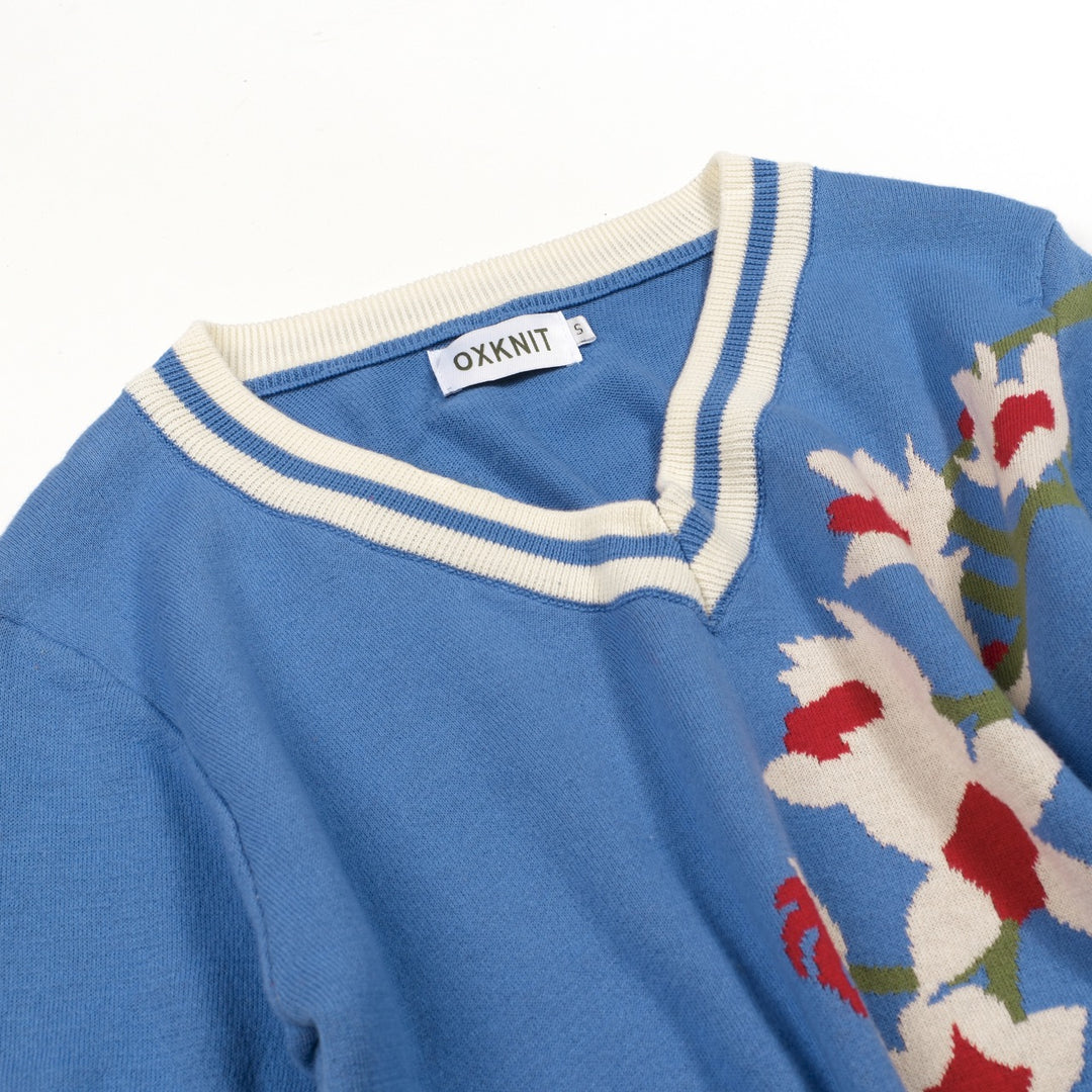 Women's Blue French Elegant Floral Jacquard Knit T-Shirt