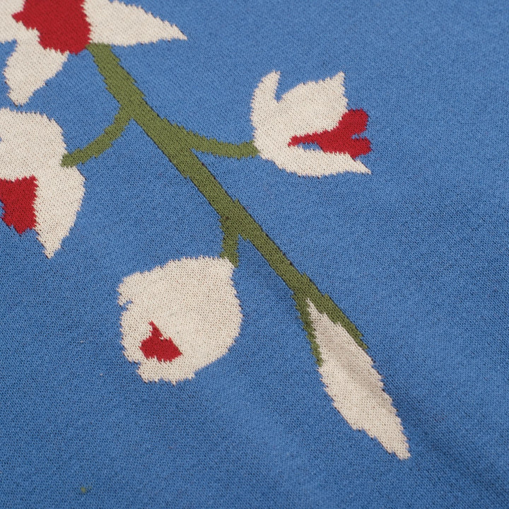 Women's Blue French Elegant Floral Jacquard Knit T-Shirt