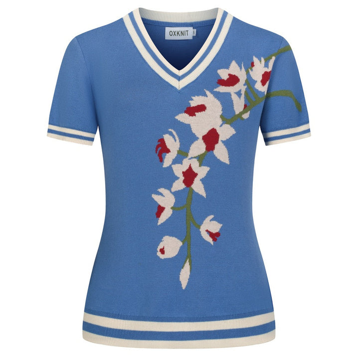 Women's Blue French Elegant Floral Jacquard Knit T-Shirt