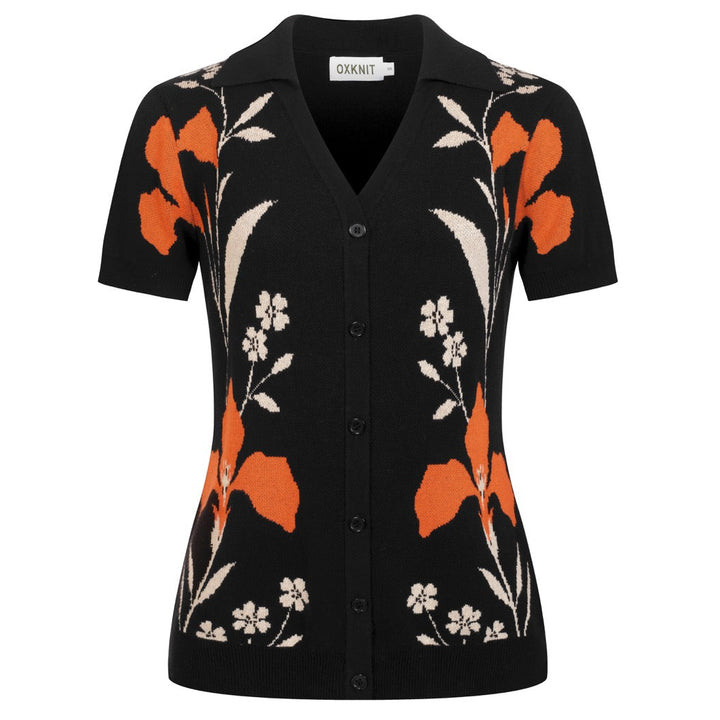 Cardigan de Malha Jacquard Floral Preto dos Anos 60 para Mulher