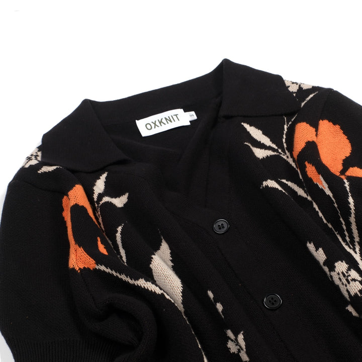 Cardigan de Malha Jacquard Floral Preto dos Anos 60 para Mulher