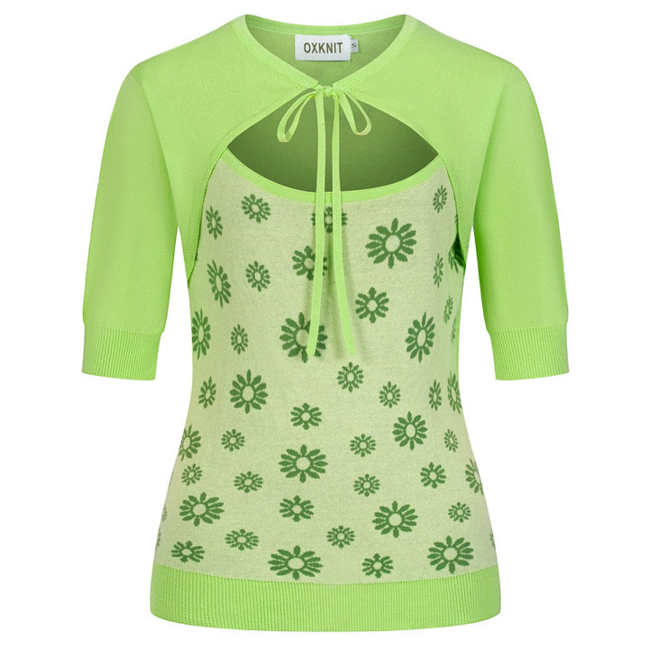 Women's Green Fresh Daisy Tie-Front Knit Half-Sleeve T-Shirt