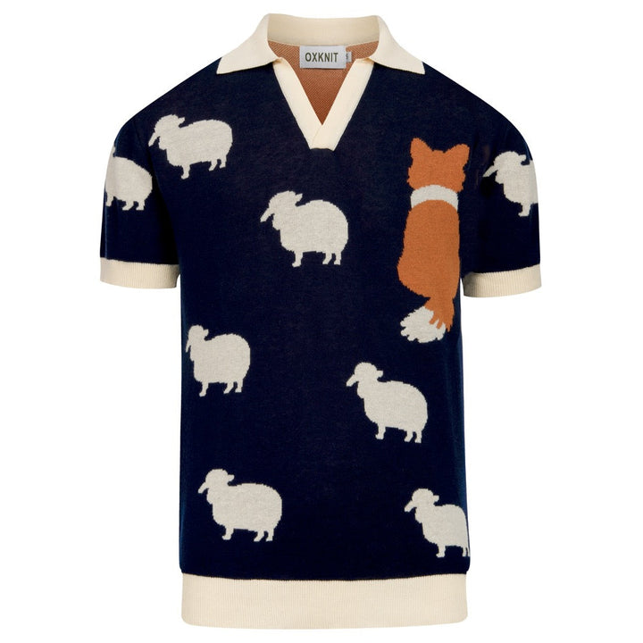Herren Navyblaues Sheepdog Jacquard Strick-Poloshirt