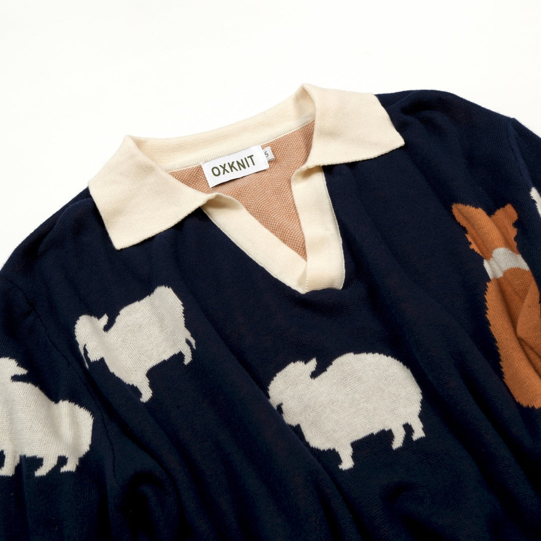 Herren Navyblaues Sheepdog Jacquard Strick-Poloshirt