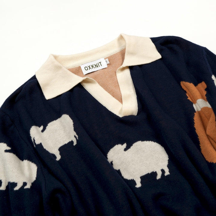 Herren Navyblaues Sheepdog Jacquard Strick-Poloshirt