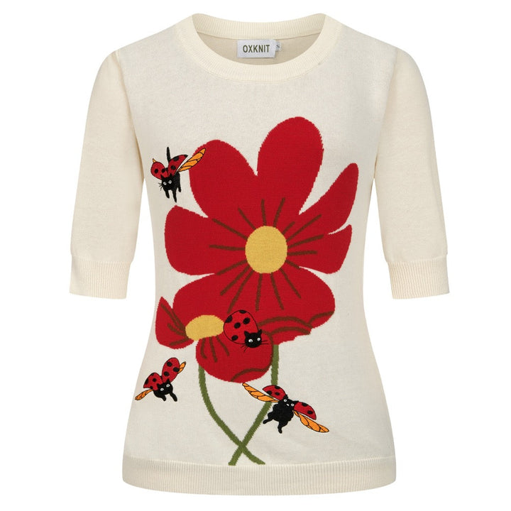 Dam T-shirt med 60-tals folkart, broderad katt och larv, kort ärm