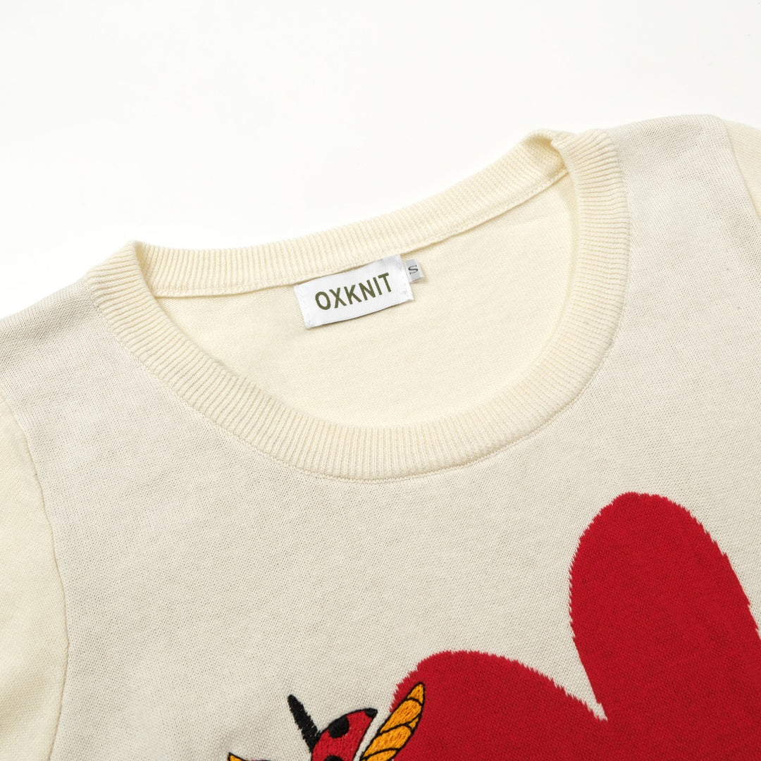 Dam T-shirt med 60-tals folkart, broderad katt och larv, kort ärm