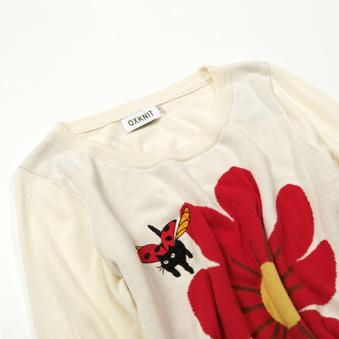 Dam T-shirt med 60-tals folkart, broderad katt och larv, kort ärm