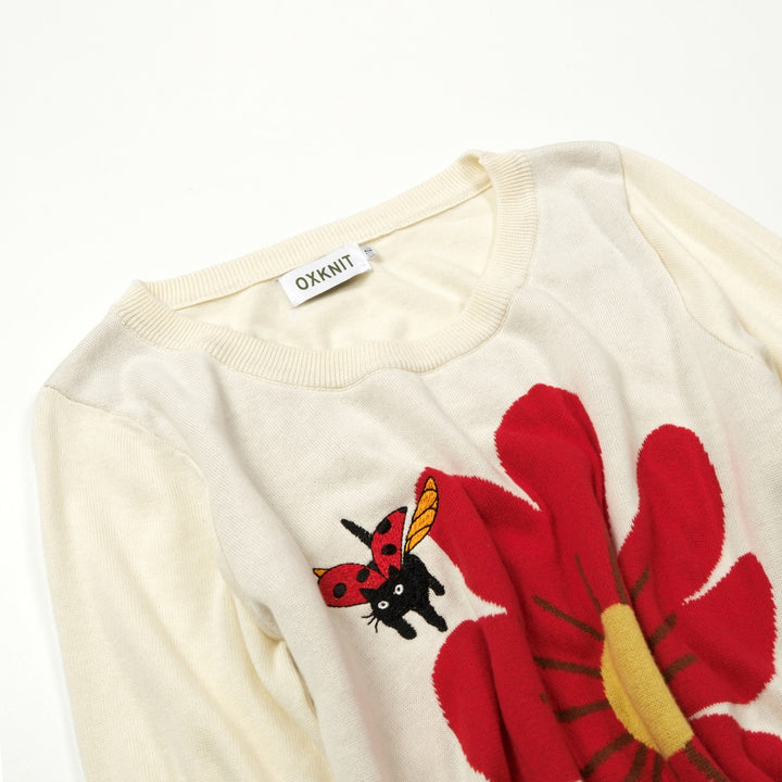 Dam T-shirt med 60-tals folkart, broderad katt och larv, kort ärm