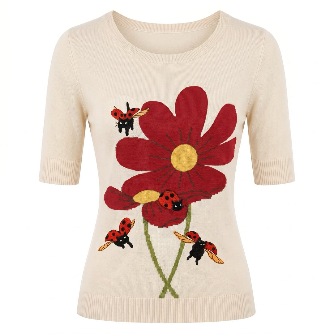 Dame Rosa 70-talls Sweetheart Collegiate Stripet Strikket T-skjorte med Halvlange Ermer