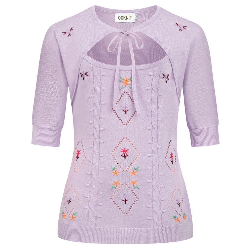 Women's Purple Cutout Floral Embroidered Knit Short-Sleeve T-Shirt